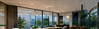 Interior contemporâneo com grandes aberturas de vidro.