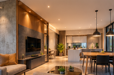 Referência de interior contemporâneo com sala, cozinha e iluminação natural.